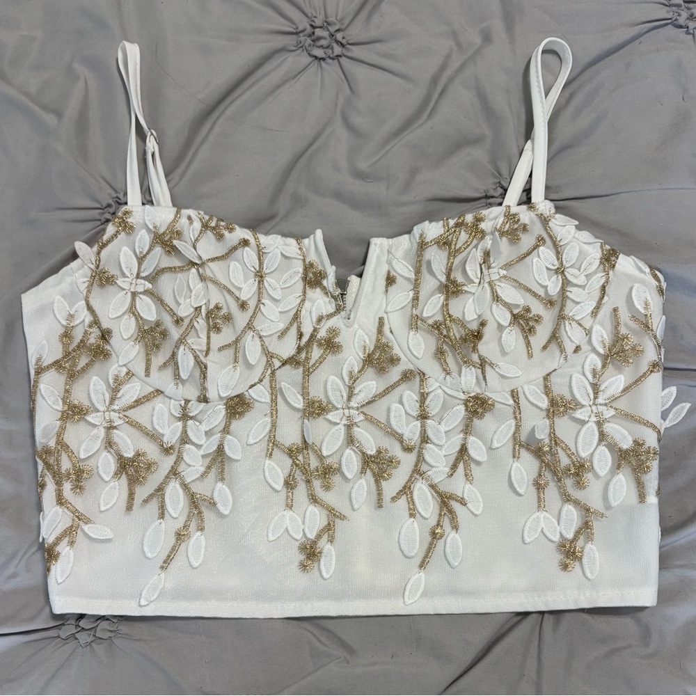 Elegant White and Gold Embroidered Women's Top